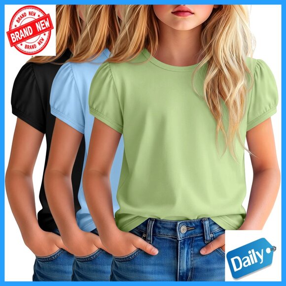 Girls' 3-Pack Puff Sleeve Tees Crew Neck Fitted Tops 5-14 Years